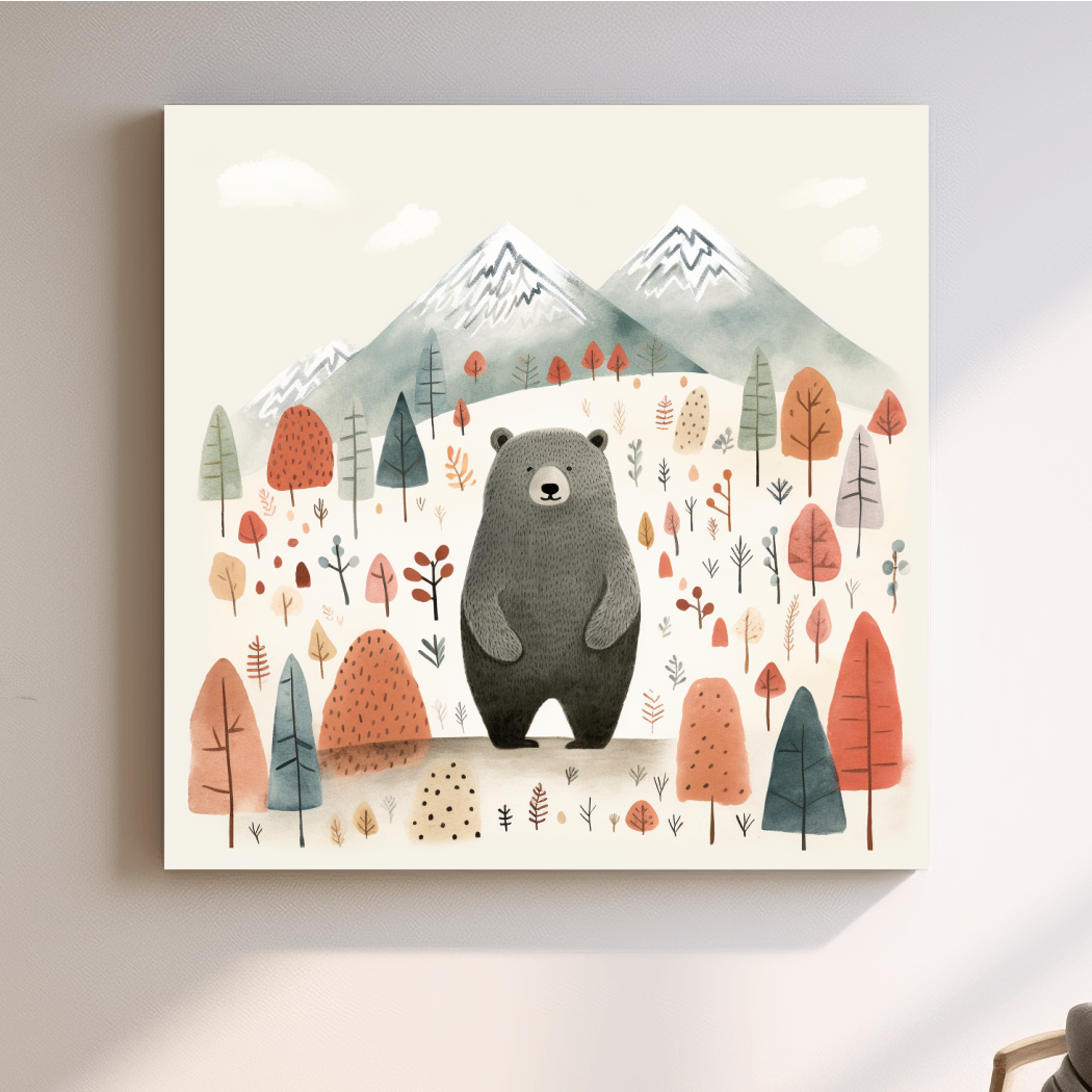 Nursery storybook art illustration of a black bear in the forest