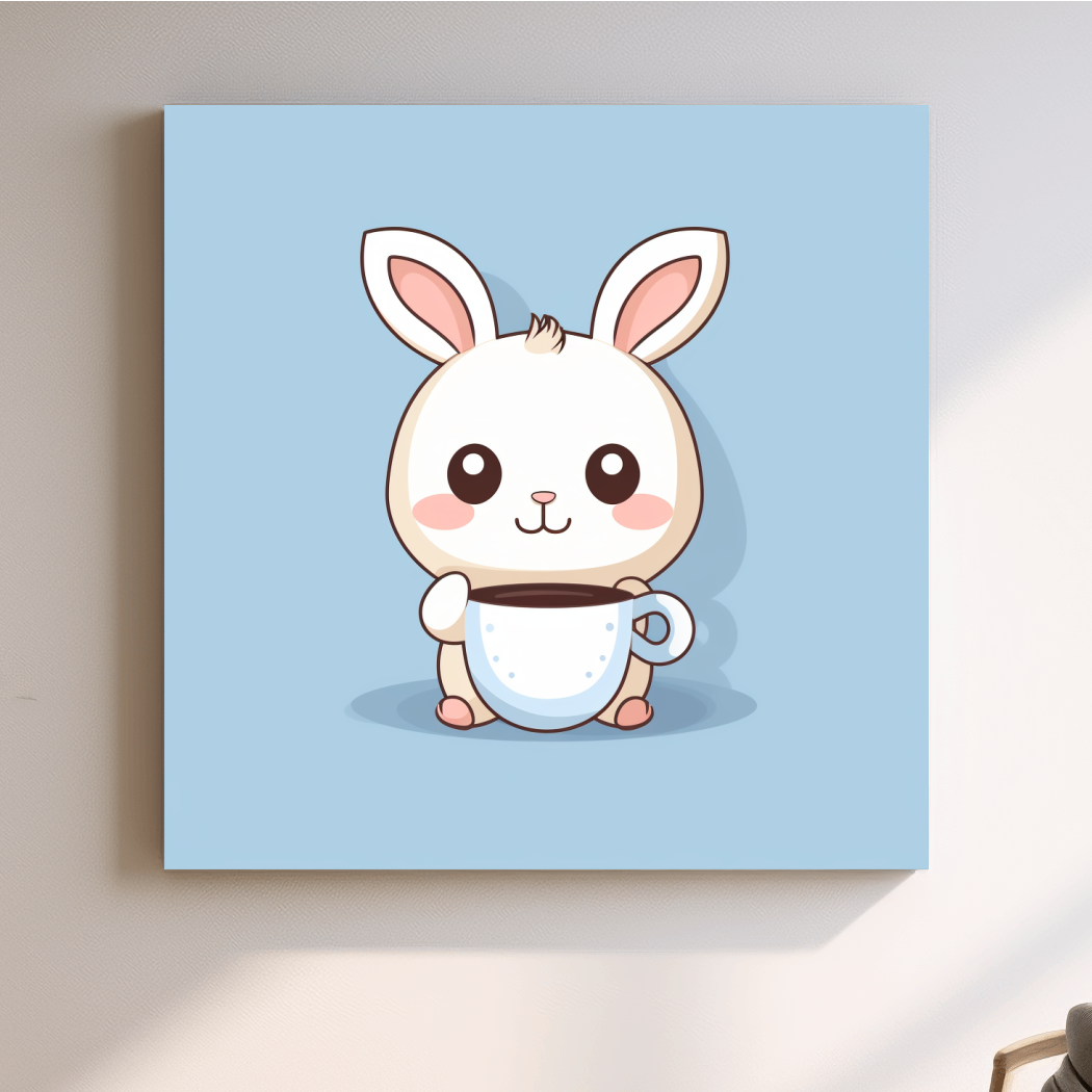 Illustration of a cute cartoon bunny drinking coffee