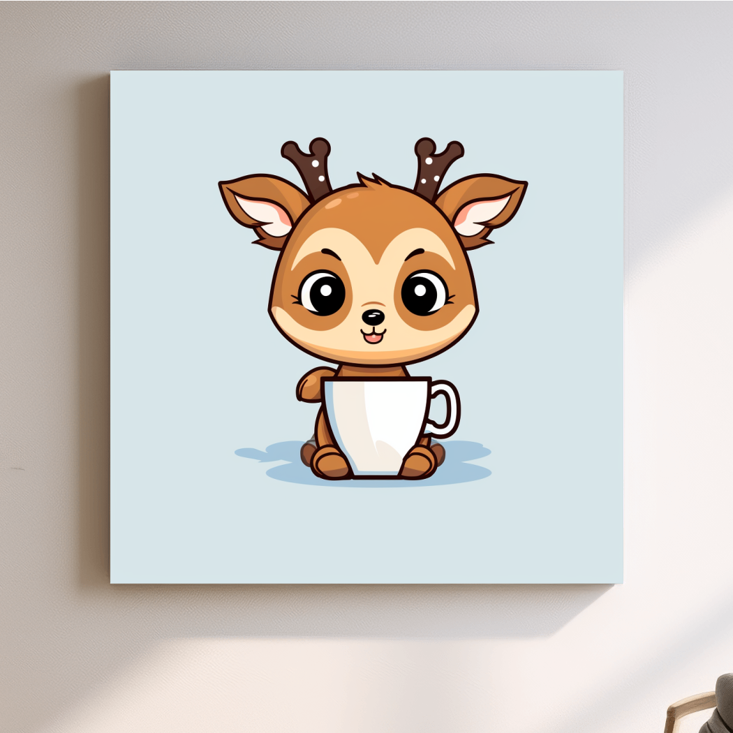 Cartoon illustration of a cute baby deer having morning coffee