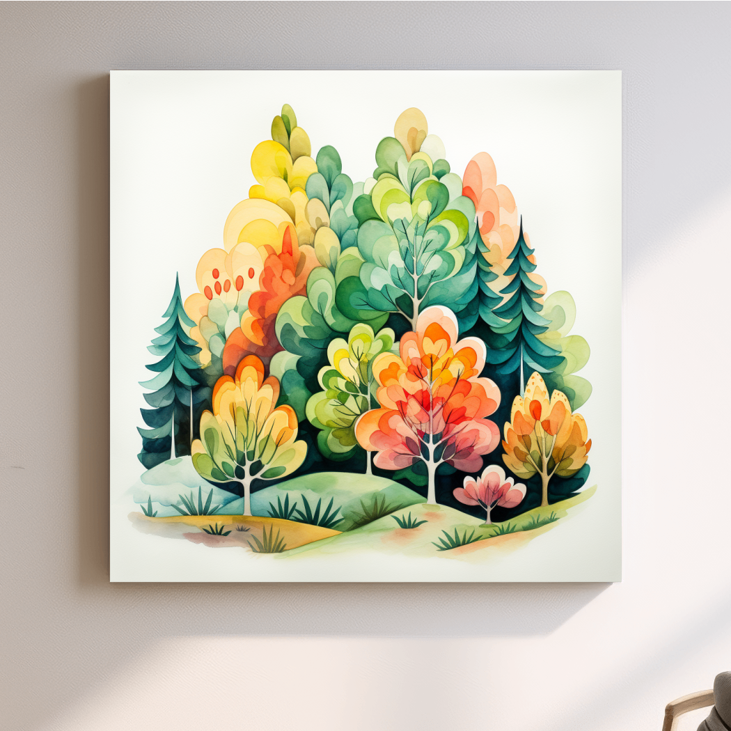Colorful forest art, watercolor style illustration