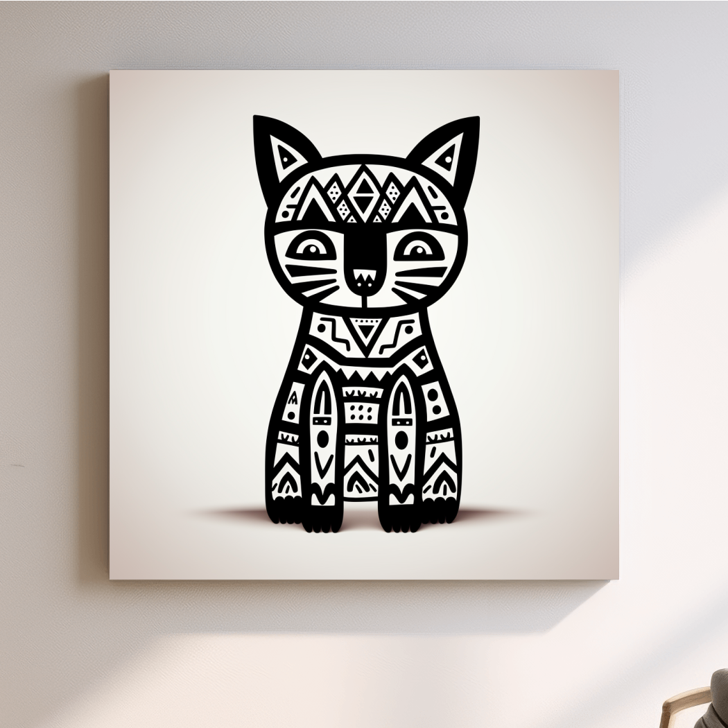Tribal Geometric Cat Illustration - Black And White Quirky Animal Wall Art
