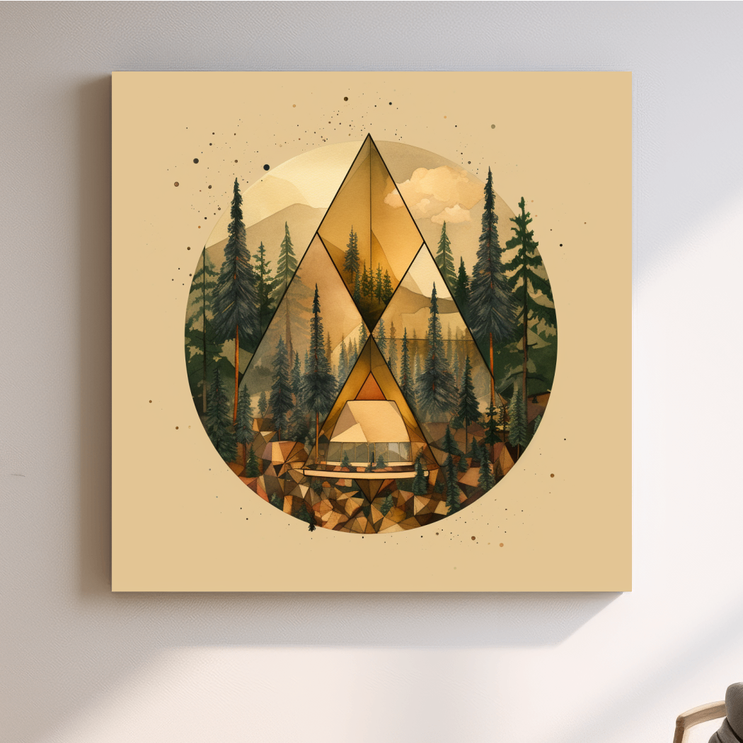 Geometric Mountain Cabin Forest Landscape - Modern Abstract Nature Wall Art