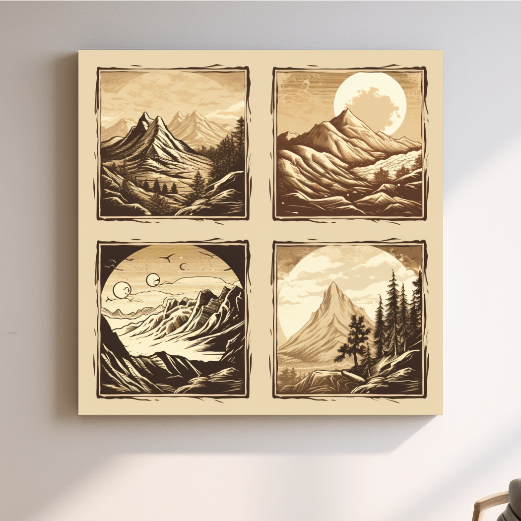 4x4 grid alpine mountain artwork, vector style illustrations, sepia tone