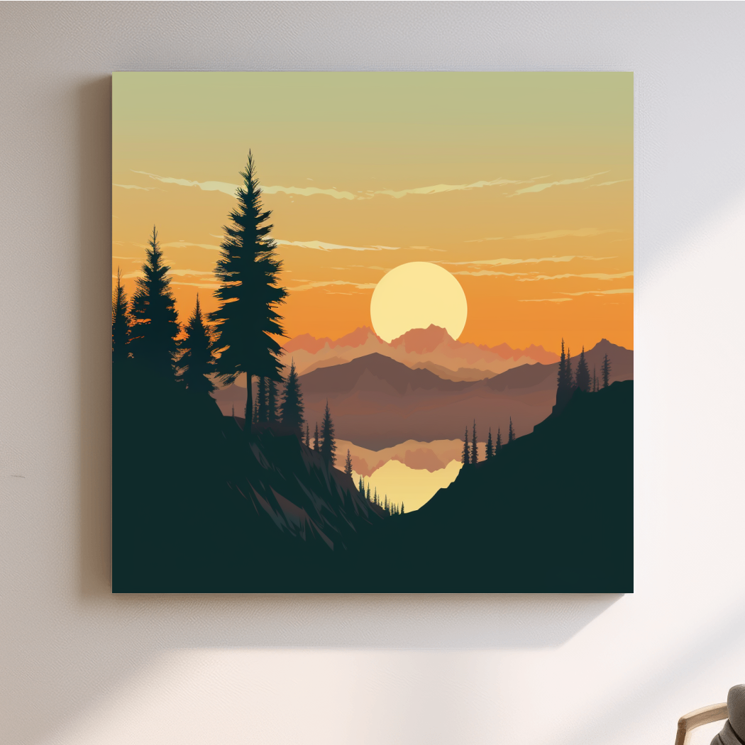 Mimimal mountain art, sunset over the alpine trees