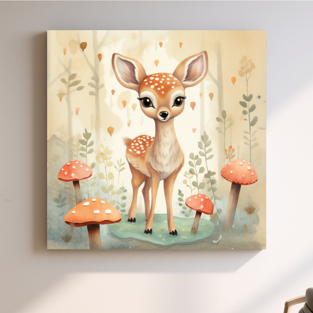 Nursery art, illustration of a cute baby fawn in the forest