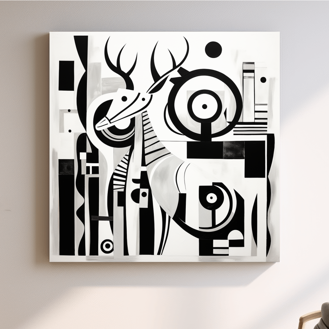 Abstract Geometric Deer Artwork - Mid-Century Black And White Animal Wall Art