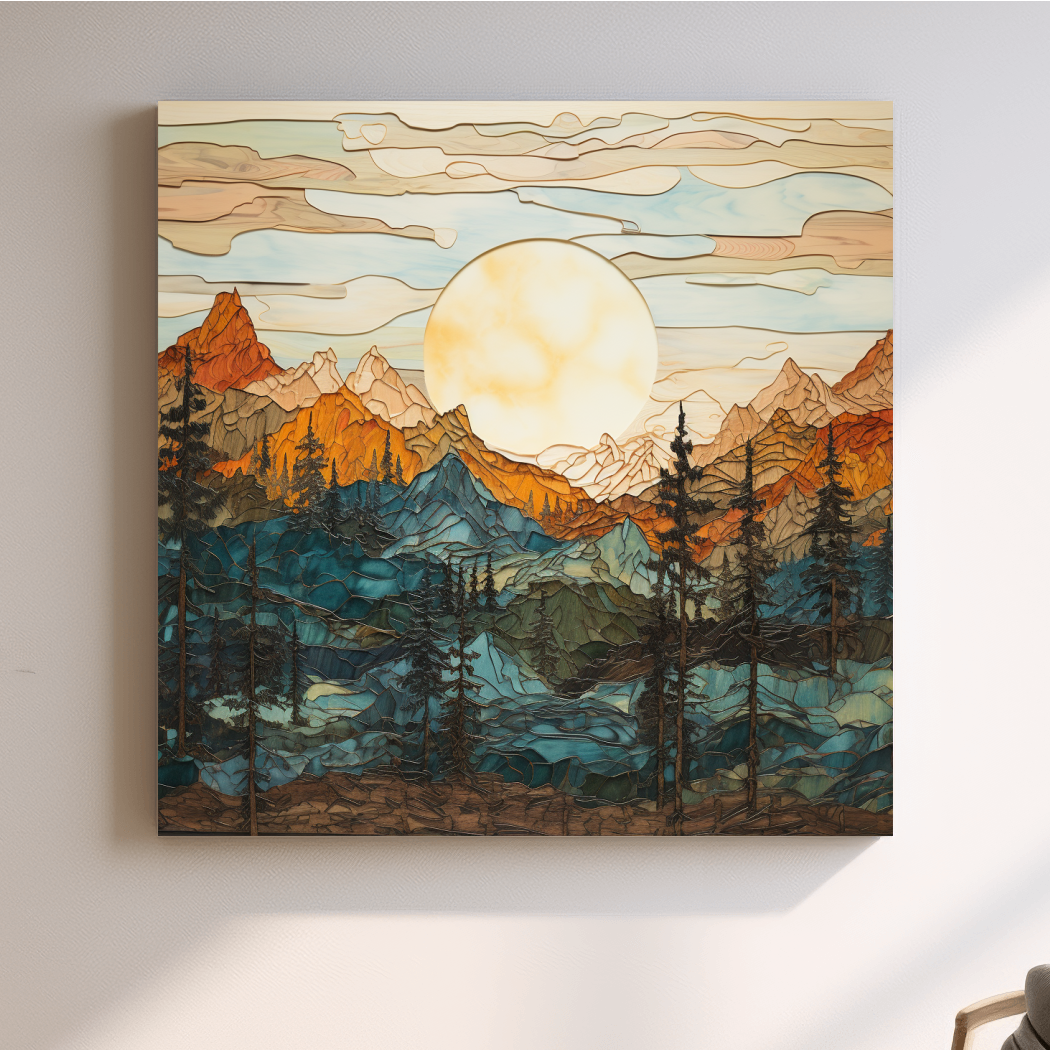 Stained Glass Mountain Sunset Landscape - Colorful Mosaic Forest Wall Art