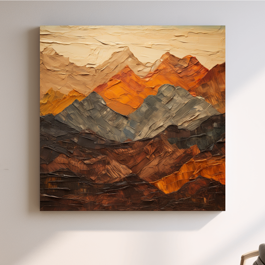 Textured impasto painting of earthy coloured mountains