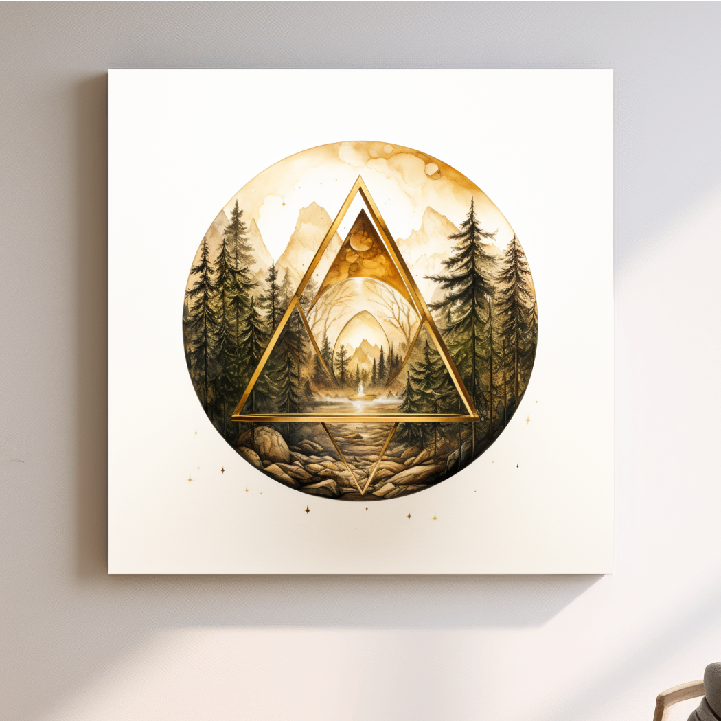 Rustic Mountain Forest Watercolor - Gold Sepia Landscape Wall Art