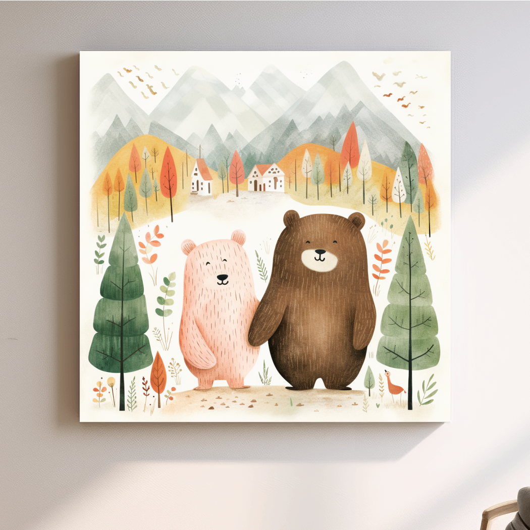 Cute Bear Couple Watercolor Illustration - Whimsical Mountain Forest Nursery Wall Art