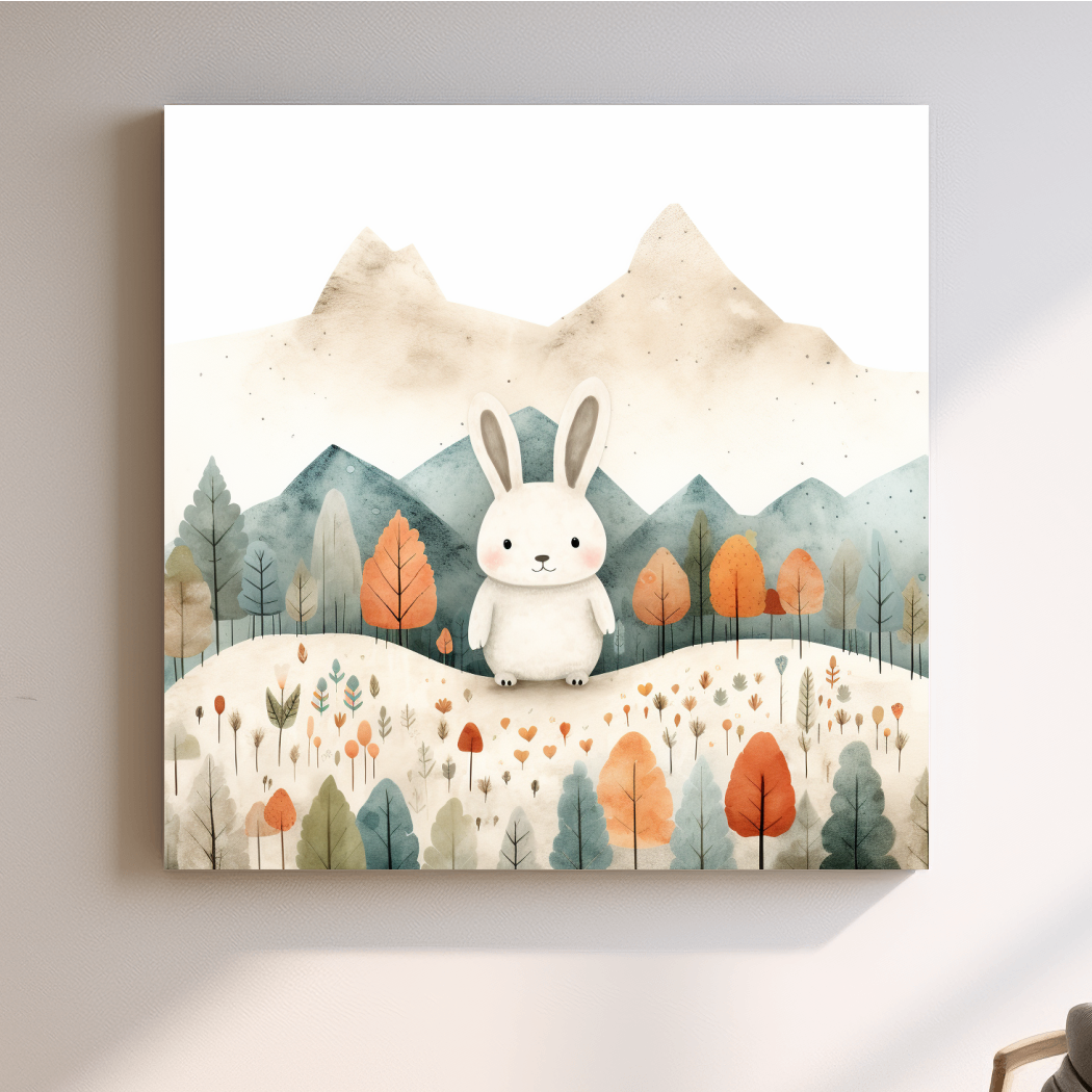 Cute Watercolor Bunny In Mountain Forest - Whimsical Nursery Woodland Wall Art