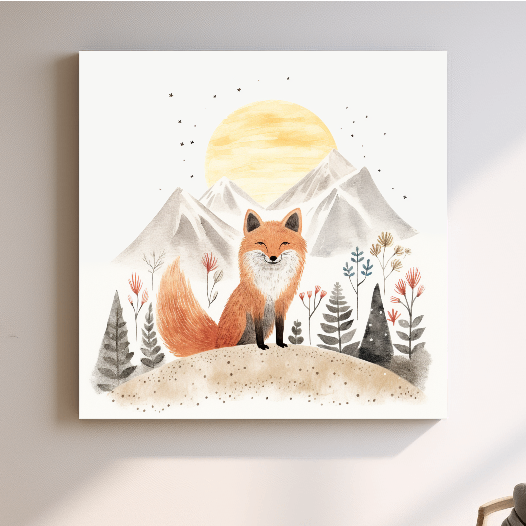 Whimsical Watercolor Fox Mountain Sunrise - Nursery Woodland Animal Wall Art