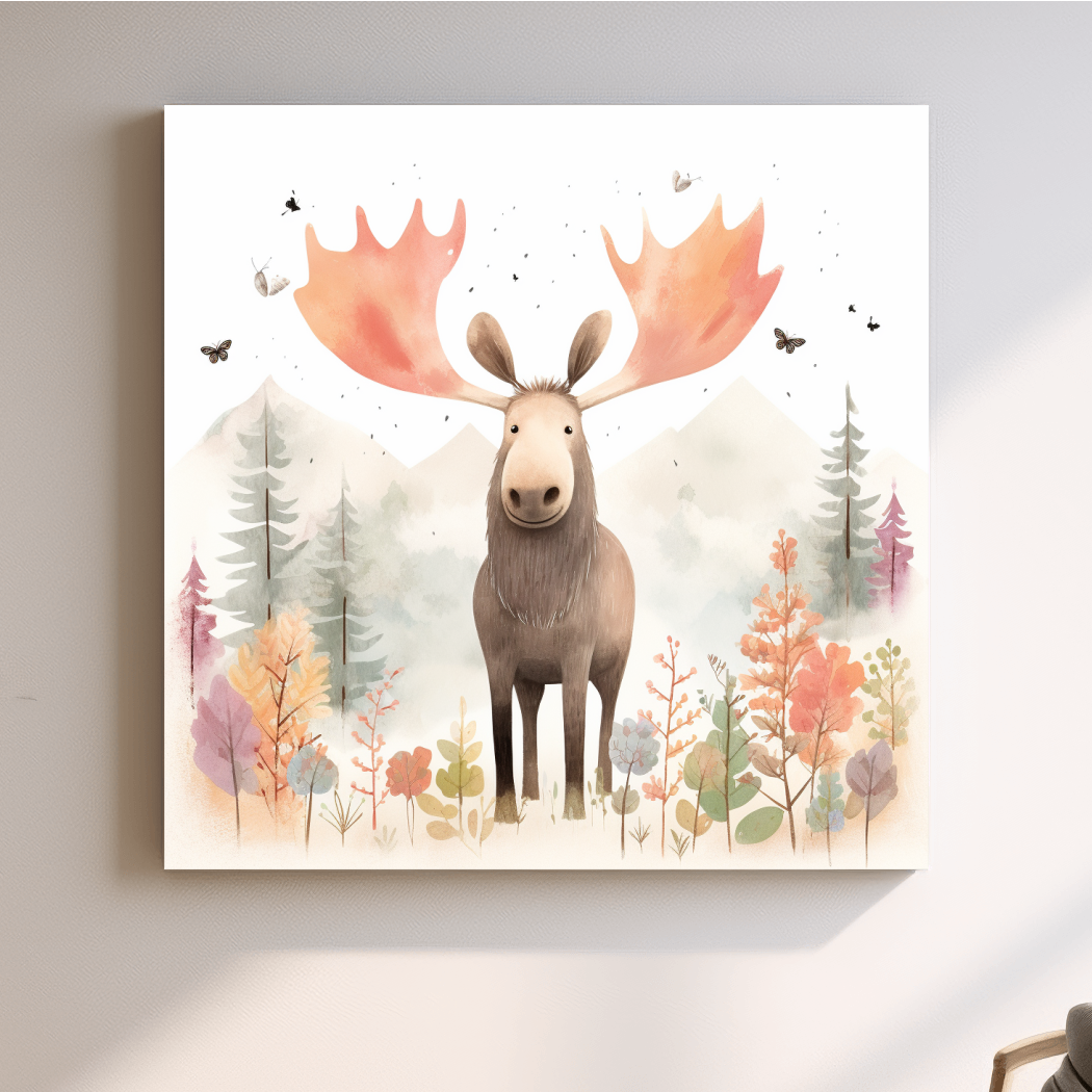 Nursery storybook artwork illustration, a happy moose in the mountains