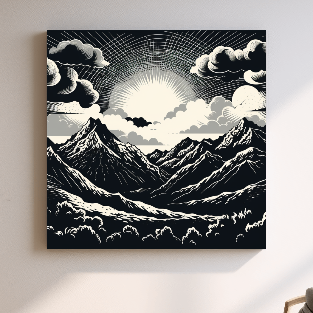 Sunset over mountain ranges, linocut style black & white artwork