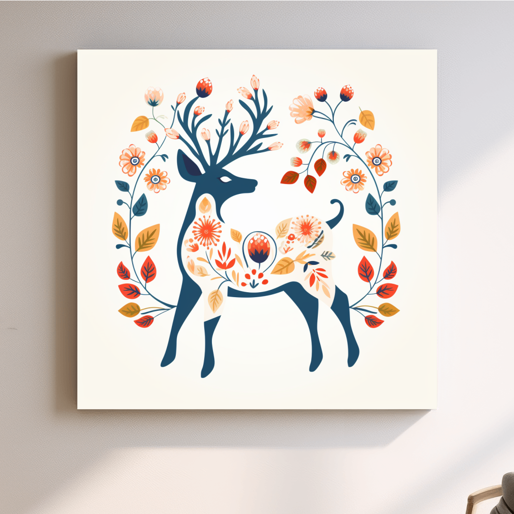 Deer and flowers print, folk style artwork