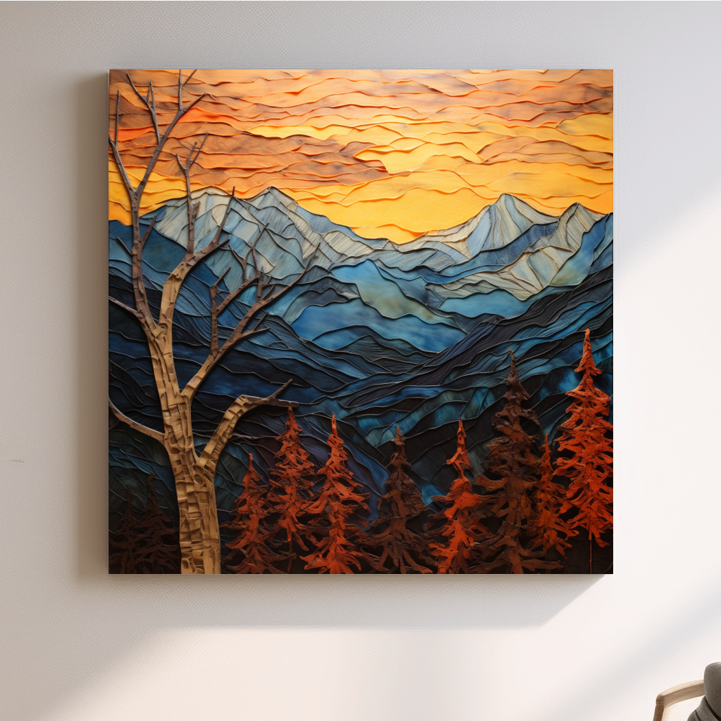Alpine mountain sunset, layered mixed media style artwork