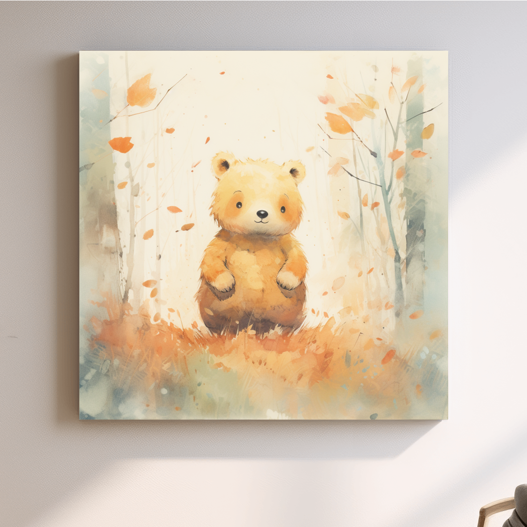 Cute Watercolor Bear Cub In Autumn Forest - Whimsical Nursery Animal Wall Art