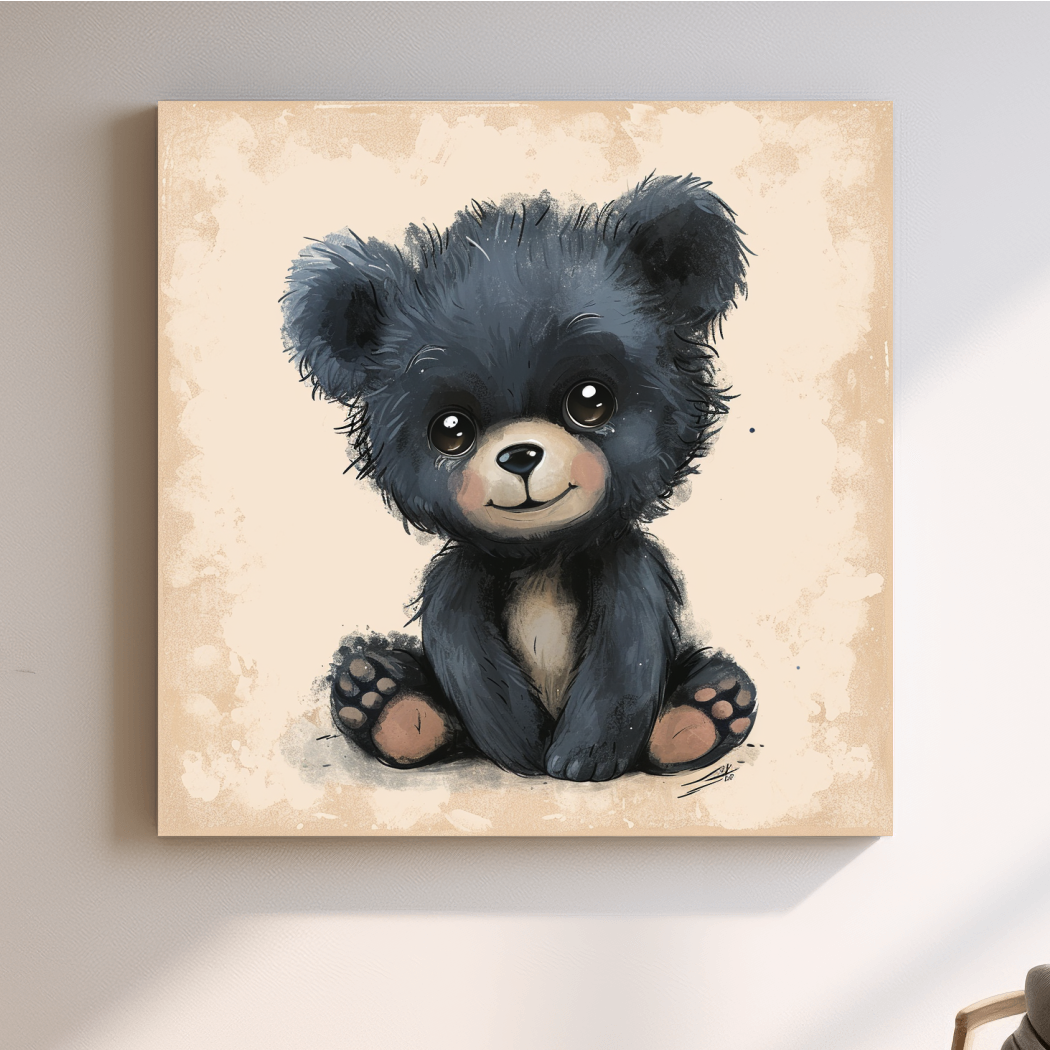 Nursery artwork, painting of a cute baby black bear cub