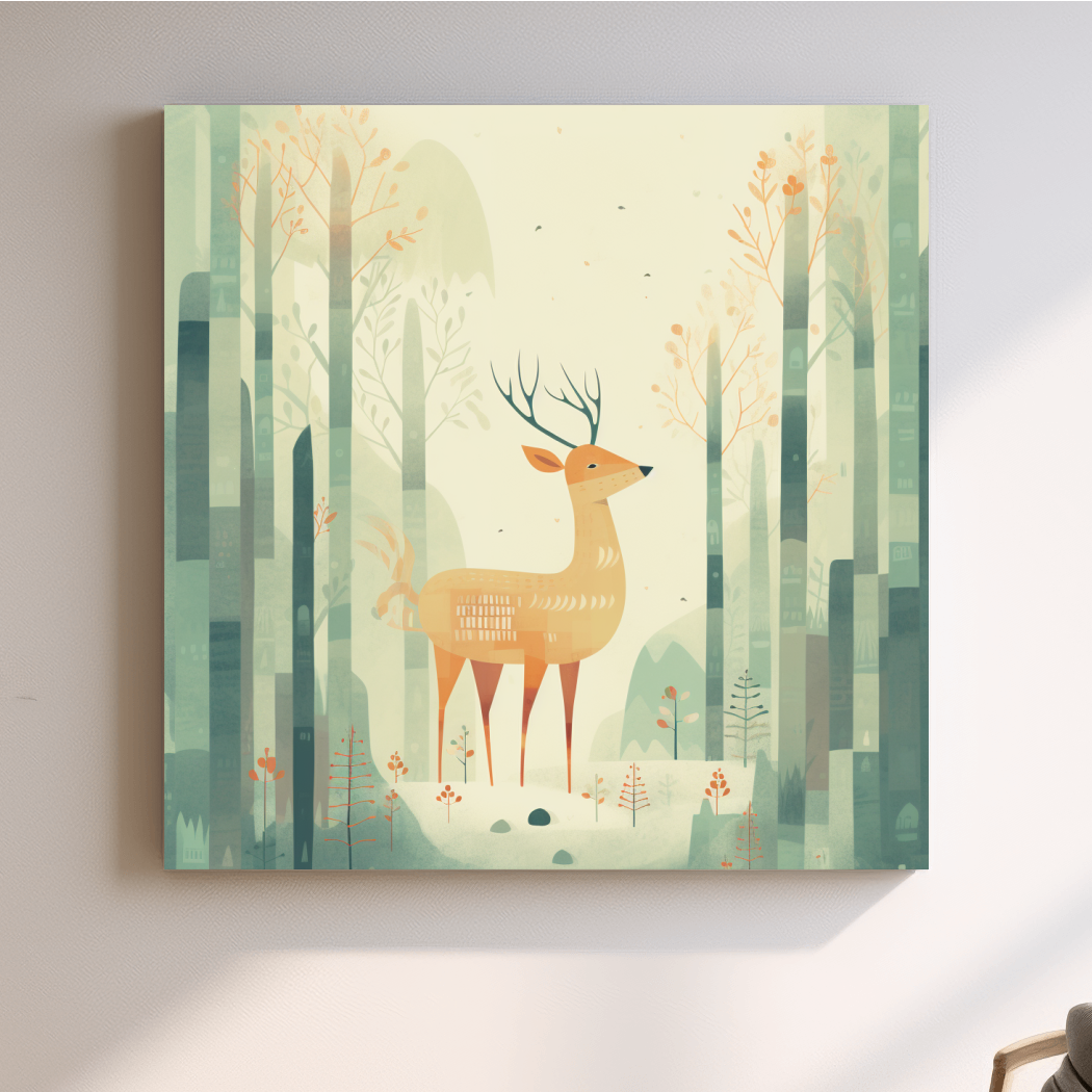 Deer in a forest, quirky nursery artwork illustration