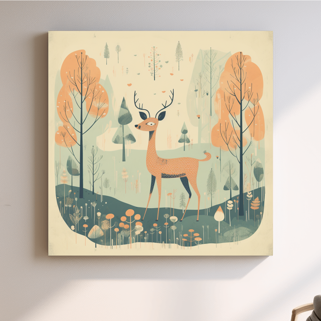 Deer artwork illustration for a nursery, folk art style