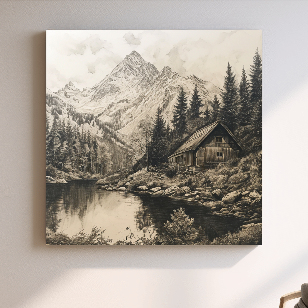 Vintage Sepia Mountain Cabin Lake Scene - Rustic Alpine Forest Landscape Art
