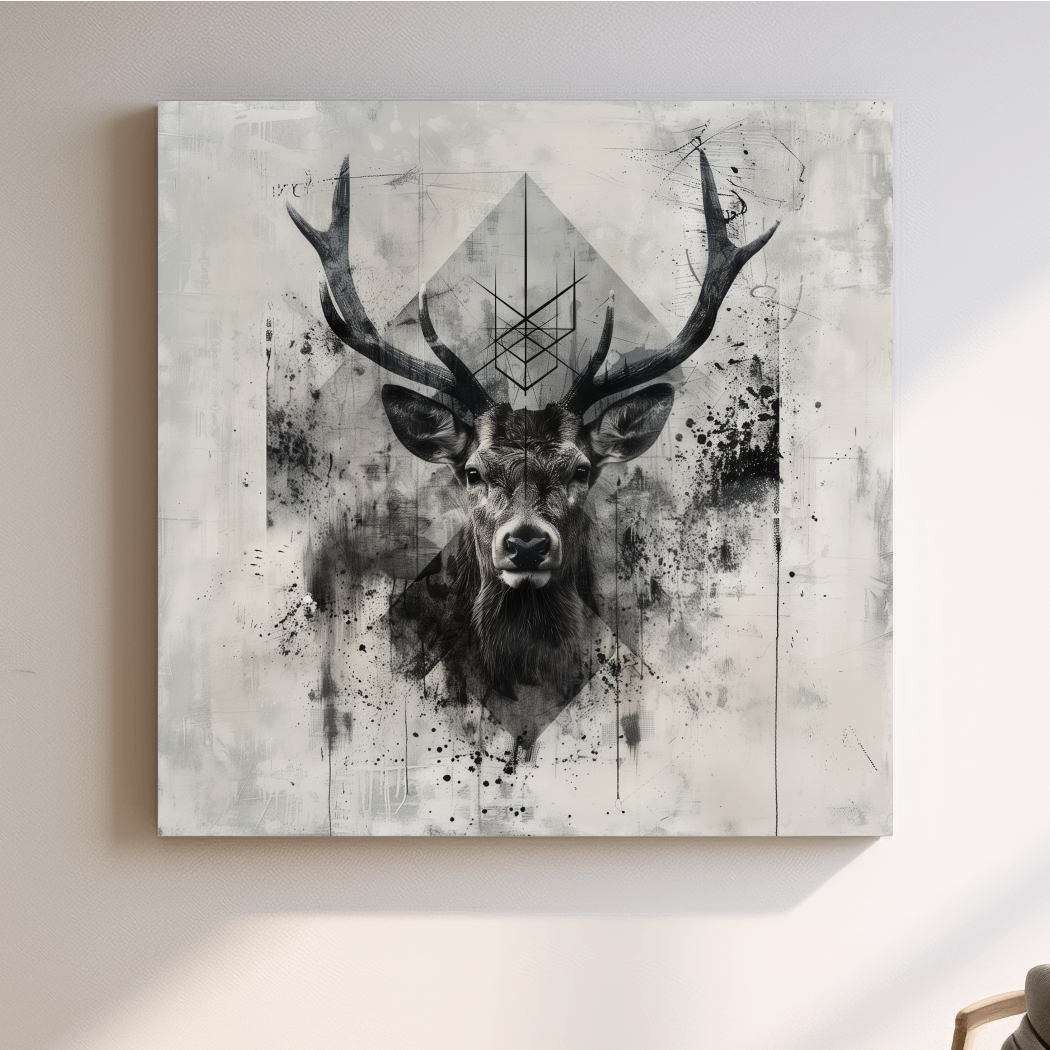 Tribal Monochrome Deer Stag Portrait - Tattoo Style Wildlife Wall Art