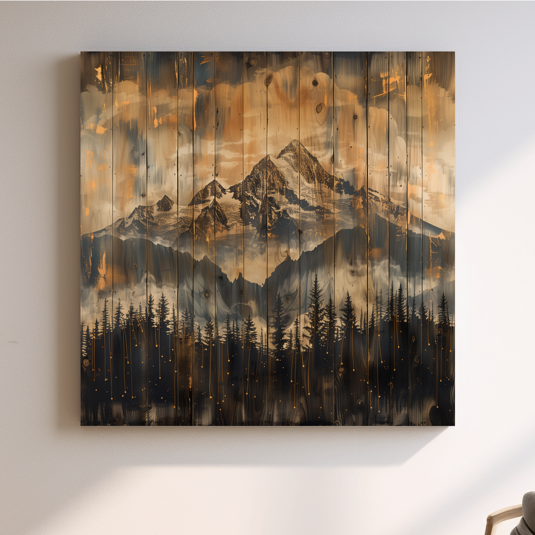 Mountain range cabin art, rustic wood burning effect, wooden panel style