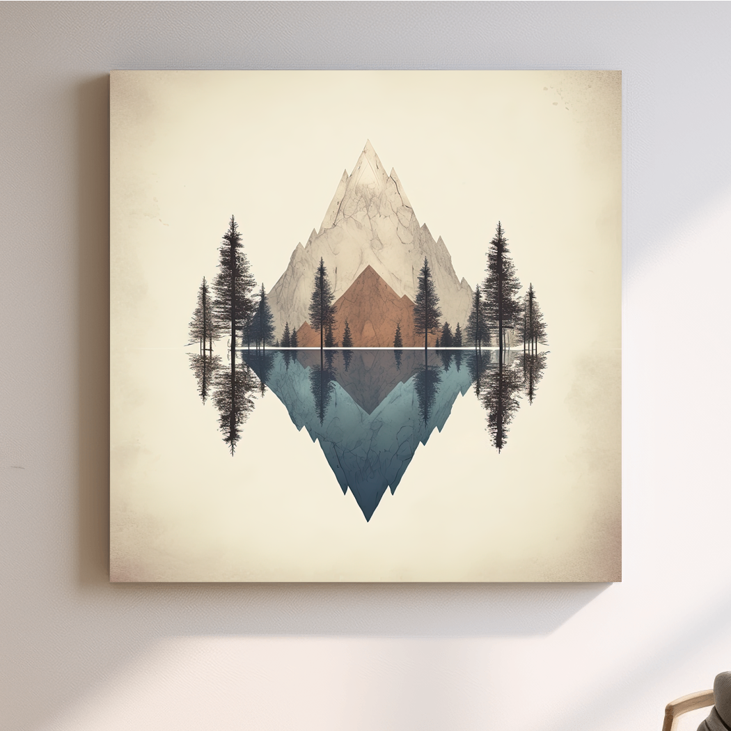 Minimalist Geometric Mountain Lake Reflection - Pine Forest Landscape Wall Art