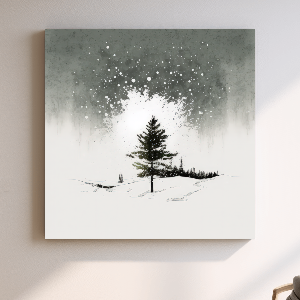 Minimal black and white art painting, lonely winter tree in the snow
