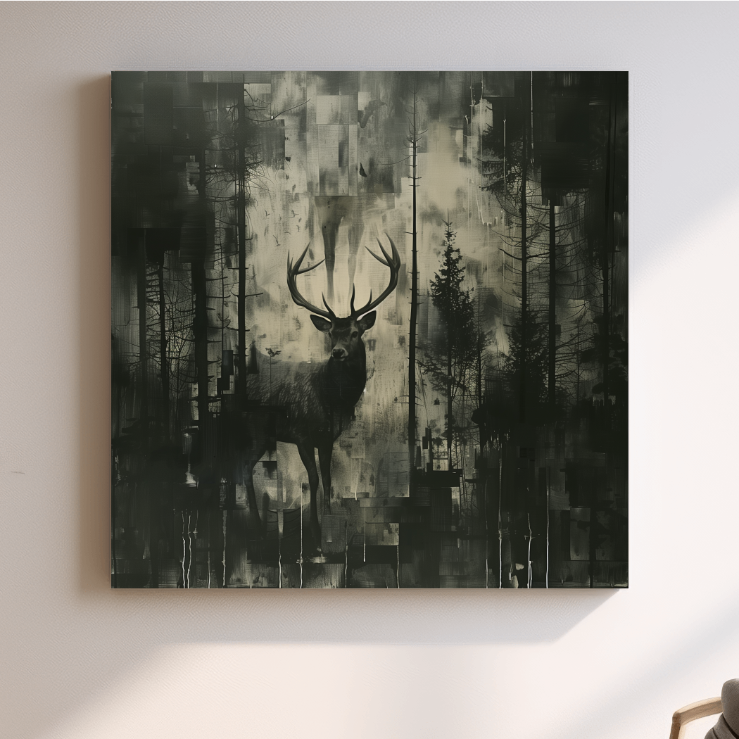 Abstract painting, deer hidden in the forest, dark artwork