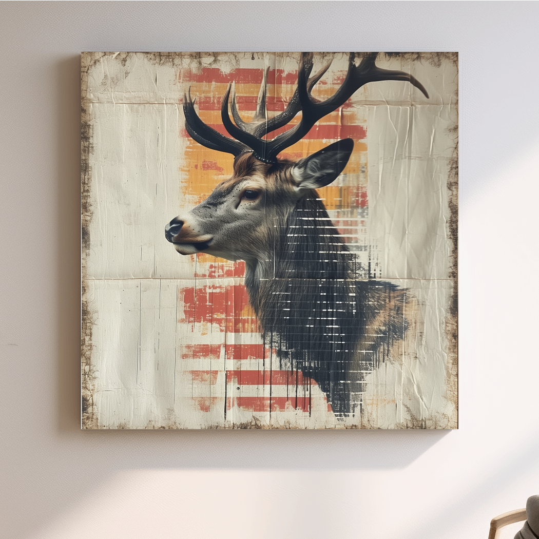 Deer head artwork, collage style art on textured paper
