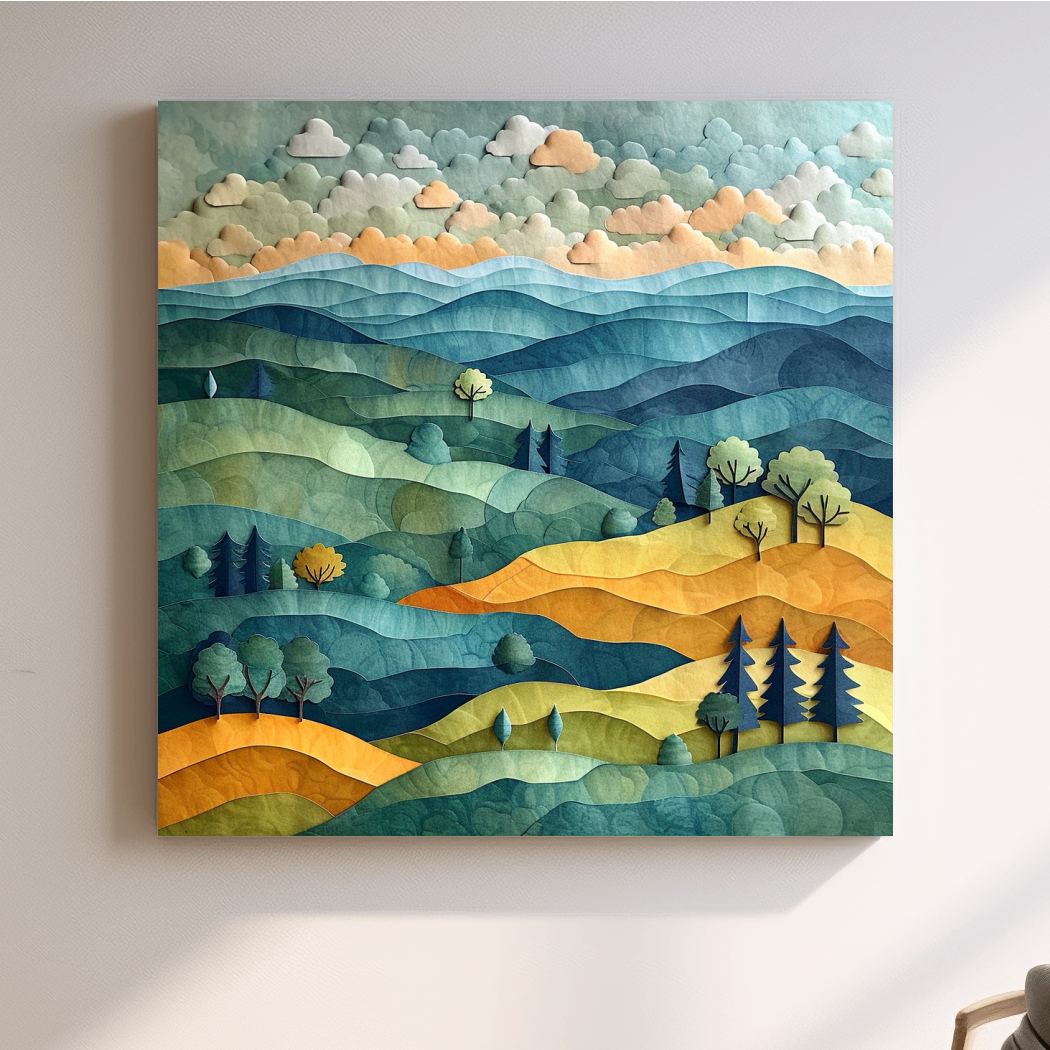 Happy hillside scene, 3d layered paper quilling cutout effect