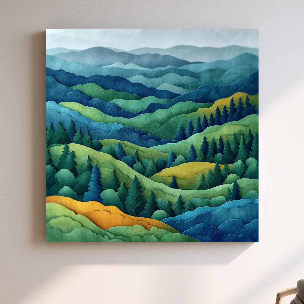 3d layered paper quilling effect artwork, rolling hills and forest