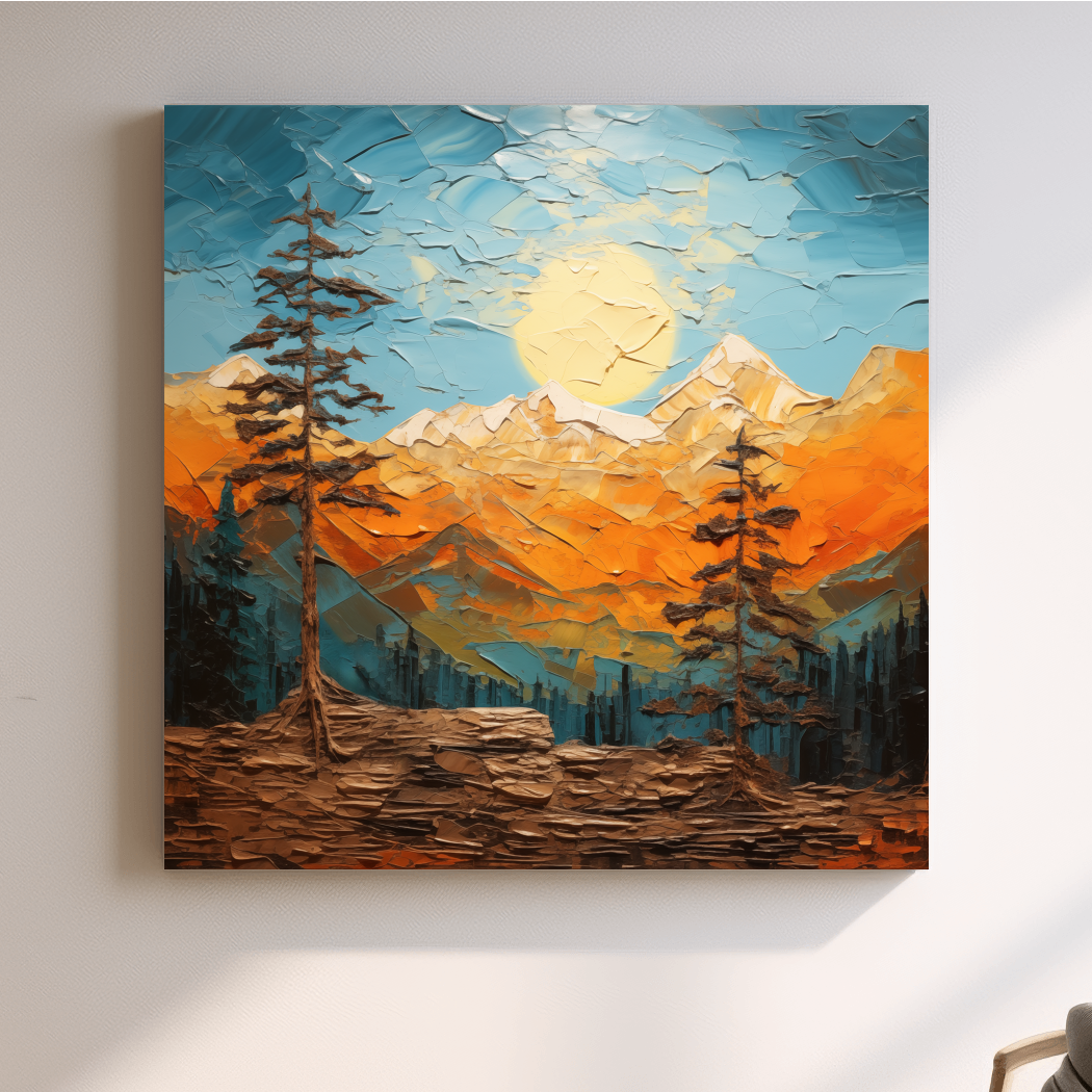 Mountains at sunset artwork print, thick impasto textured oil painting effect