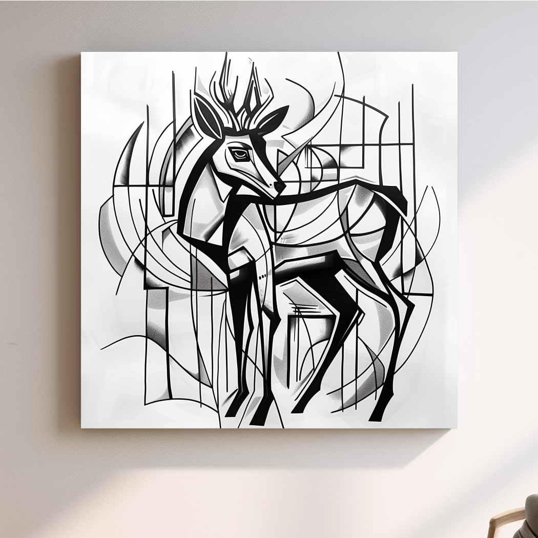 Abstract artwork, geometric deer painting, cubism line art