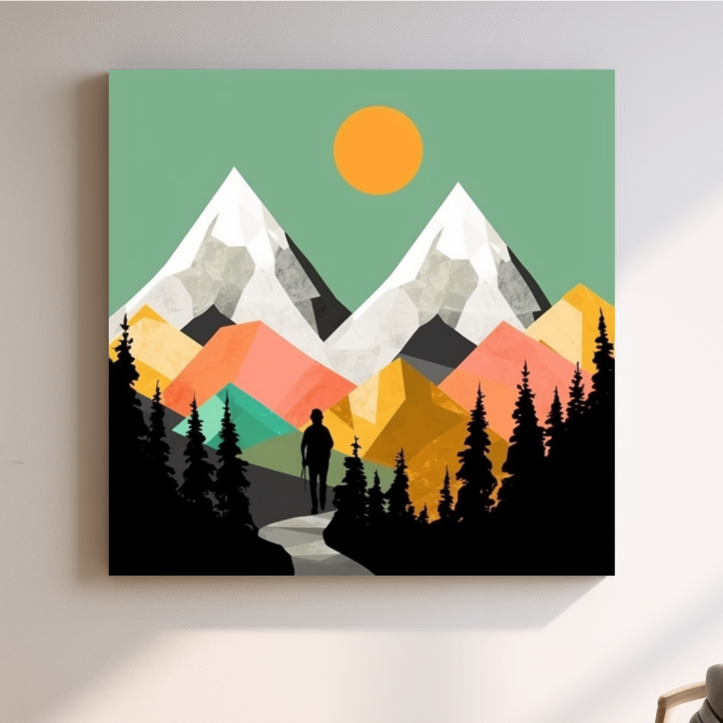 A mountain art scene made from colourful abstract shapes
