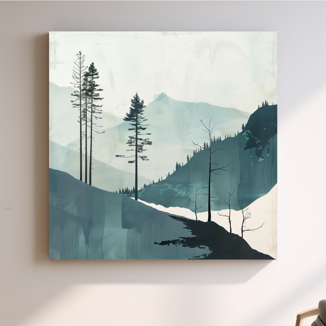 Abstract nordic style minimal forest painting, teal artwork