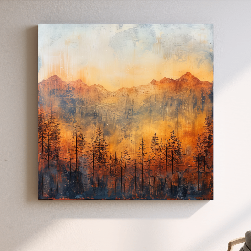Landscape painting, mountains and trees, textured mixed-media style artwork
