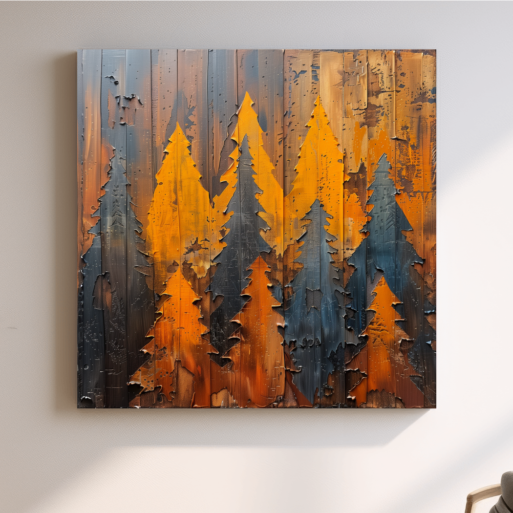Autumn Pine Forest Silhouettes - Rustic Painted Wood Wall Art