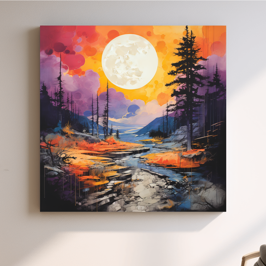 Colorful river and mountain sunset scene, illustration wall art