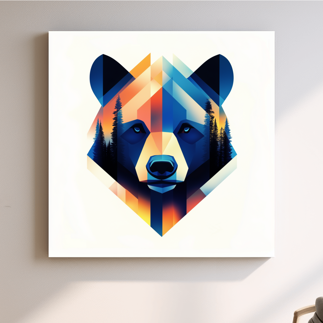 Colorful Geometric Grizzly Bear Forest Portrait - Modern Wildlife Wall Art