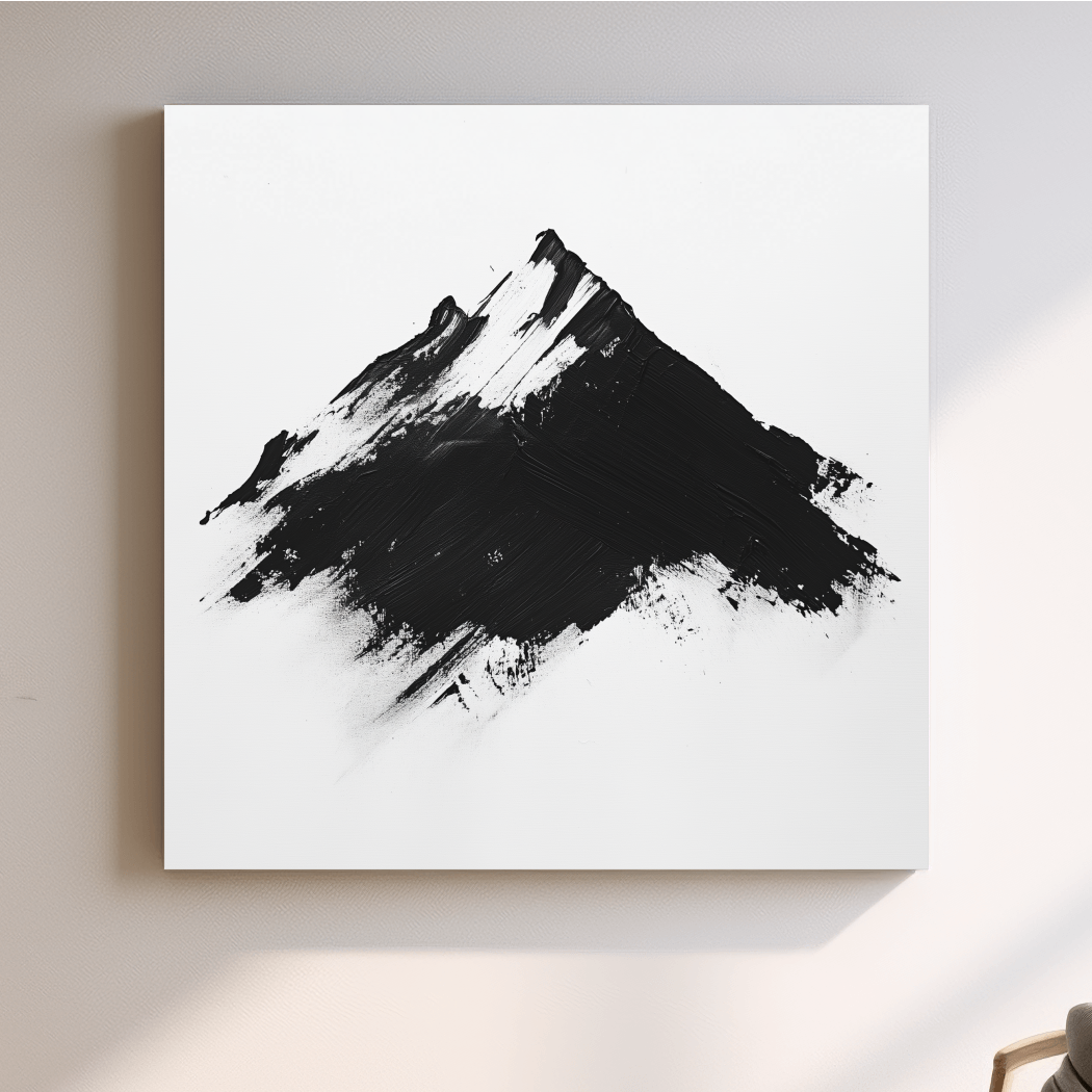 Modern abstract wall art, defined brush strokes black & white mountain painting