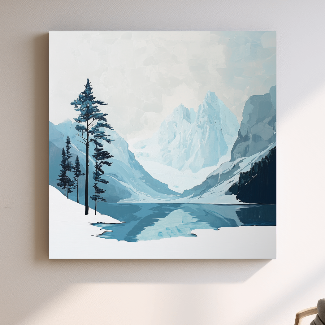 Minimalist Icy Mountain Lake - Scandinavian Winter Landscape Artwork
