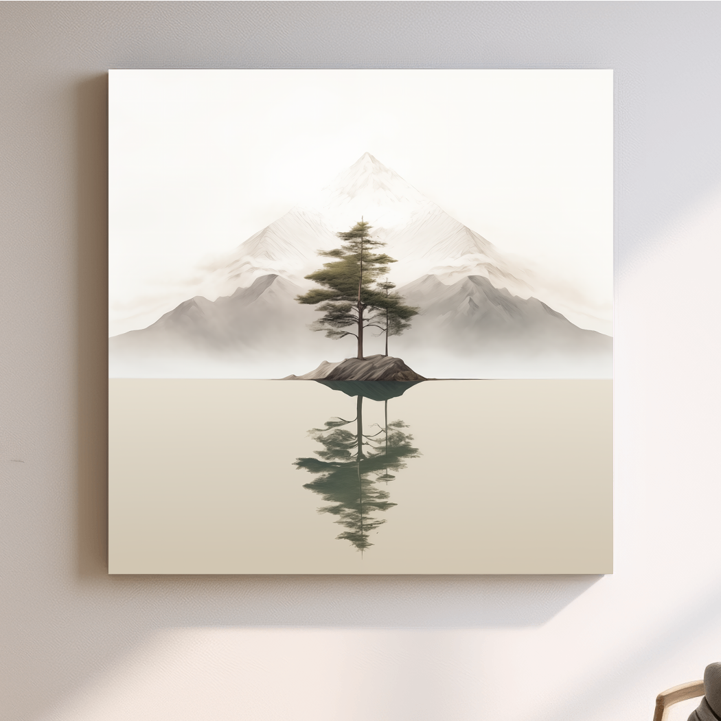 Minimal mountain art, tree reflecting on a lake
