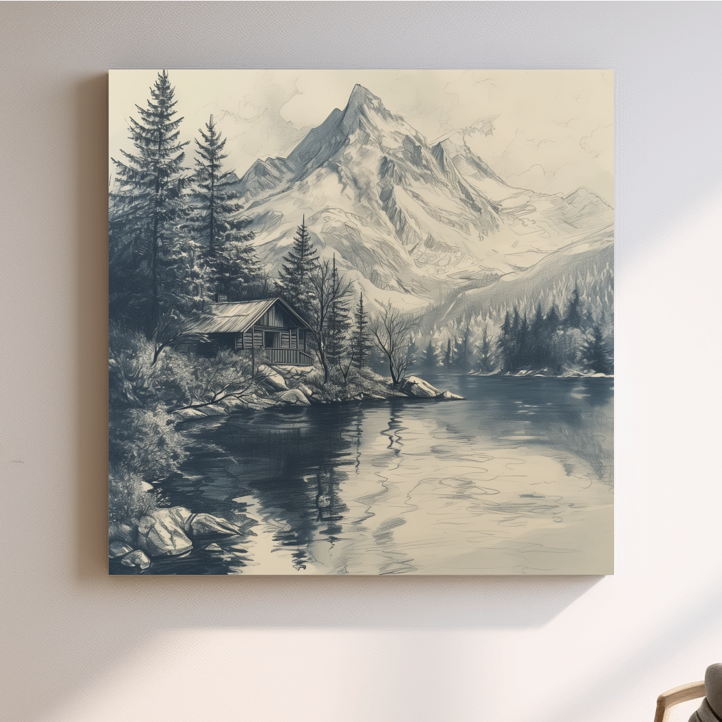 Vintage Alpine Cabin By Mountain Lake - Monochrome Pencil Sketch Landscape Wall Art