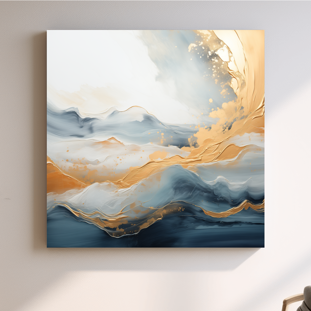 Fluid Abstract Blue And Gold Mountain Landscape - Modern Mixed Media Wall Art