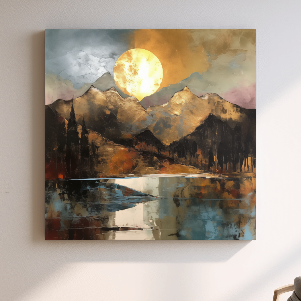 Alpine Mountain Lake Sunset Painting - Textured Golf Leaf Style Wall Art