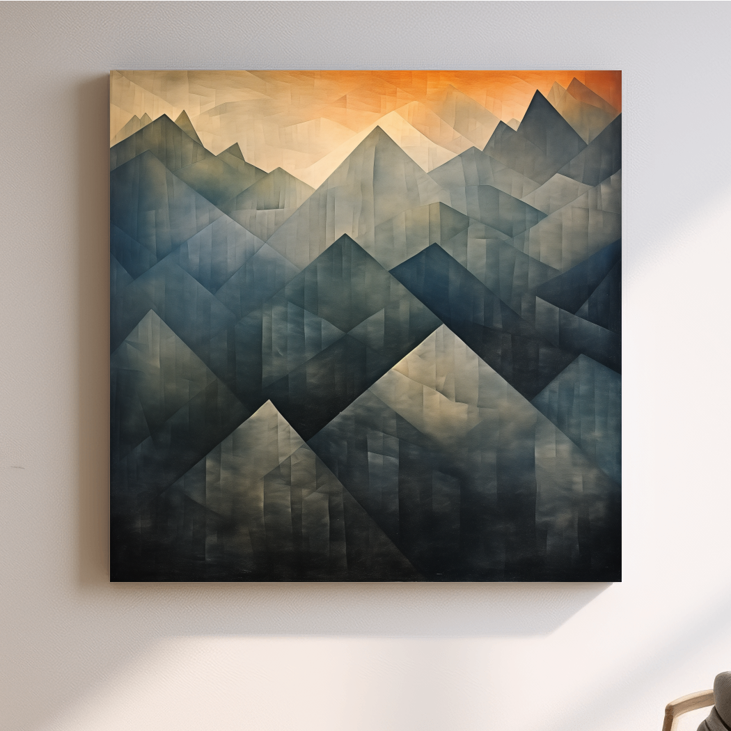 Abstract geometric mountain wall art, gradient shades with warm sunset sky