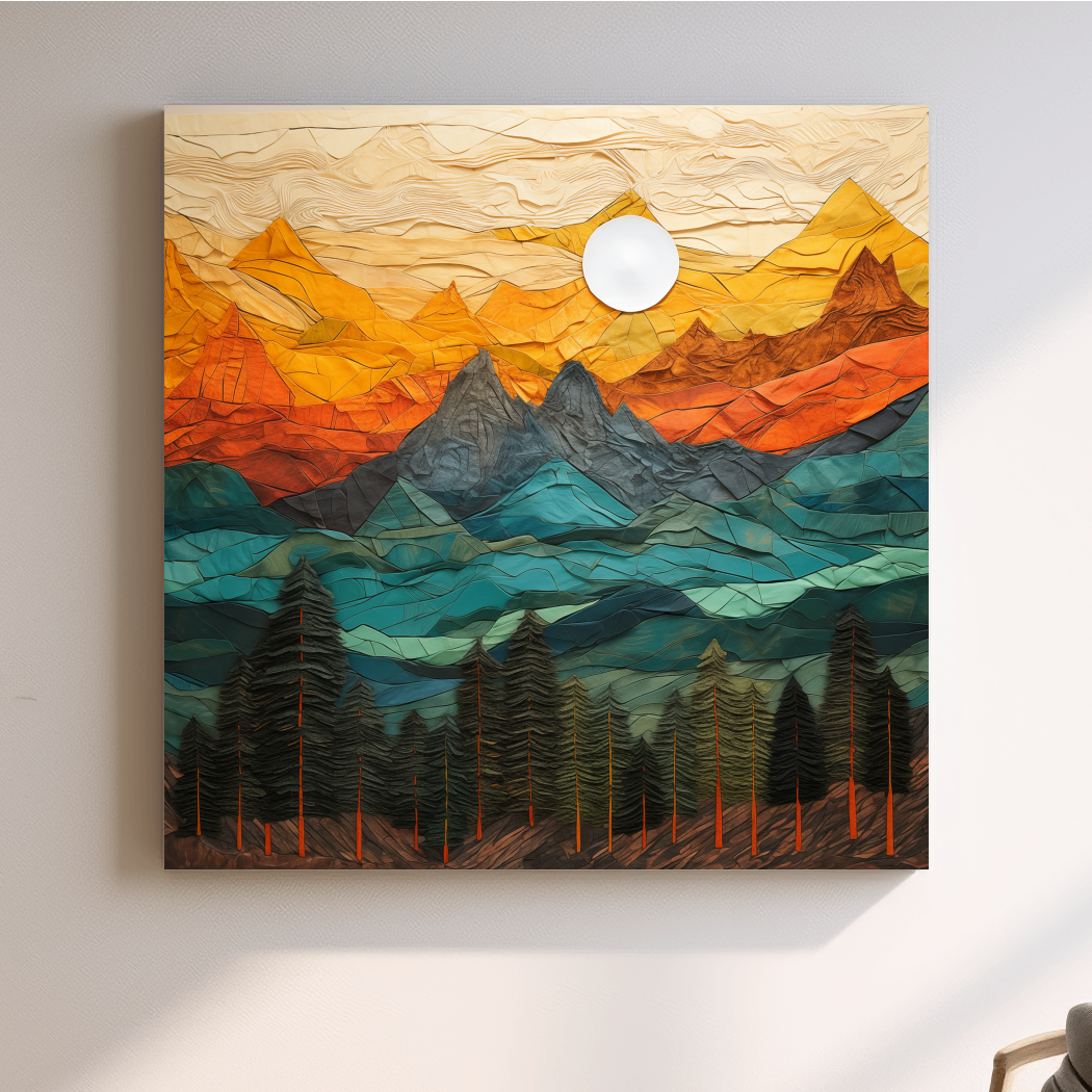 Papre mache style art of an alpine landscape at sunset