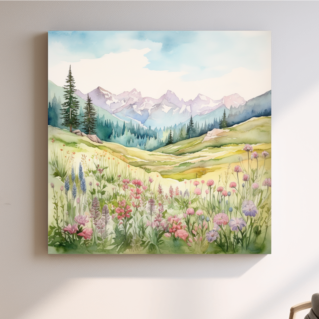 Alpine Meadows Wildflower Watercolour - Pastel Mountains Landscape Wall Art